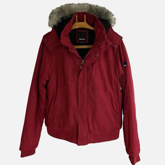 Bench Men’s Winter Coat Jacket Detachable Hood Faux Fur Size XXL Red Zipper - Picture 2 of 12